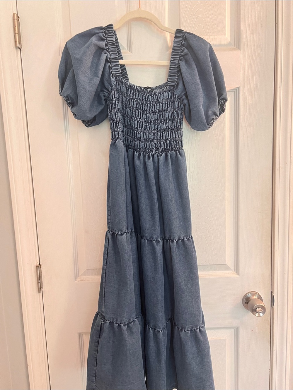 Smocked Puff Sleeve Midi Dress | Cottagecore Blue Tiered Dress | Summer Dress